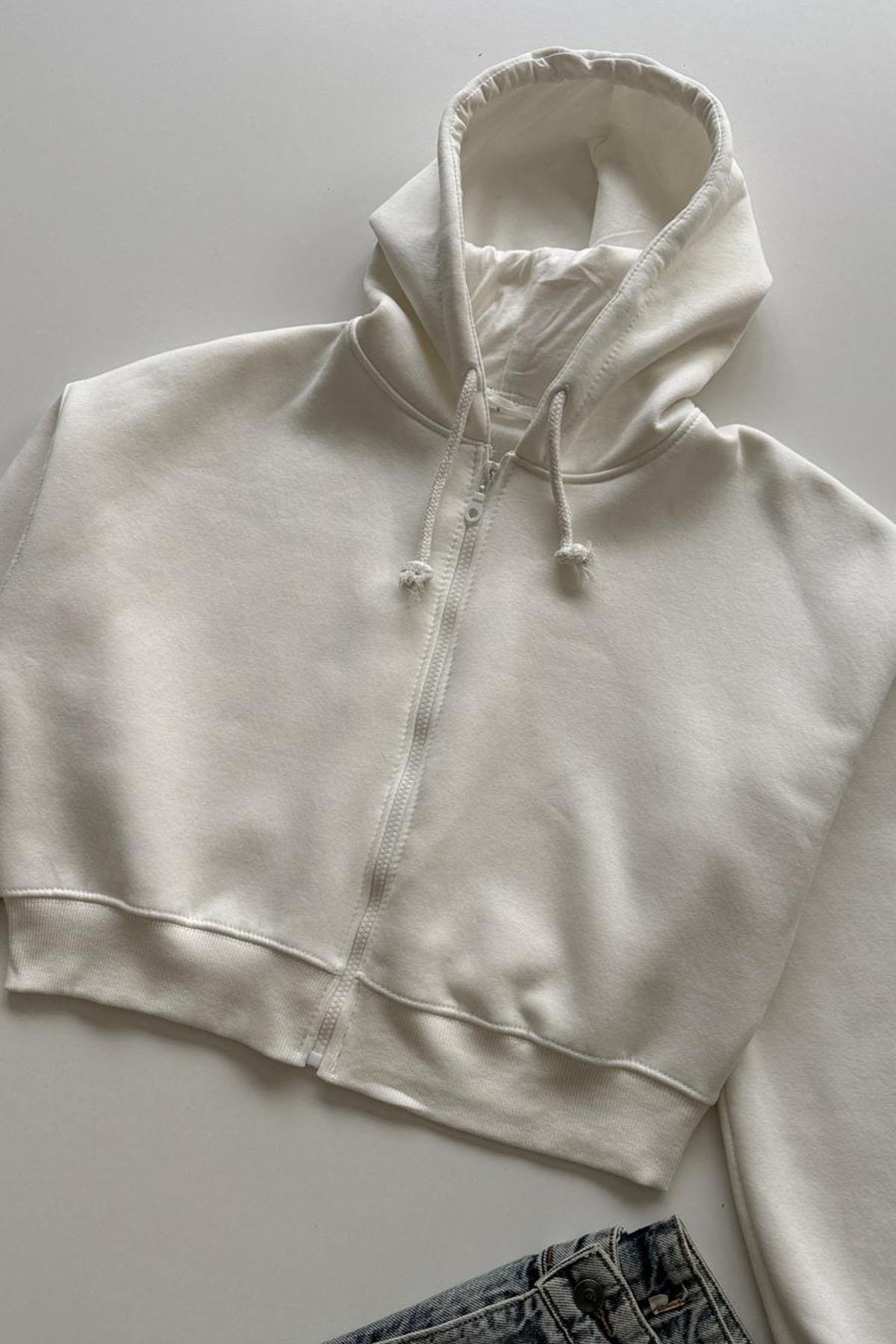 Kadın Kısa Fermuarlı Kapüşonlu Sweatshirt - BEYAZ