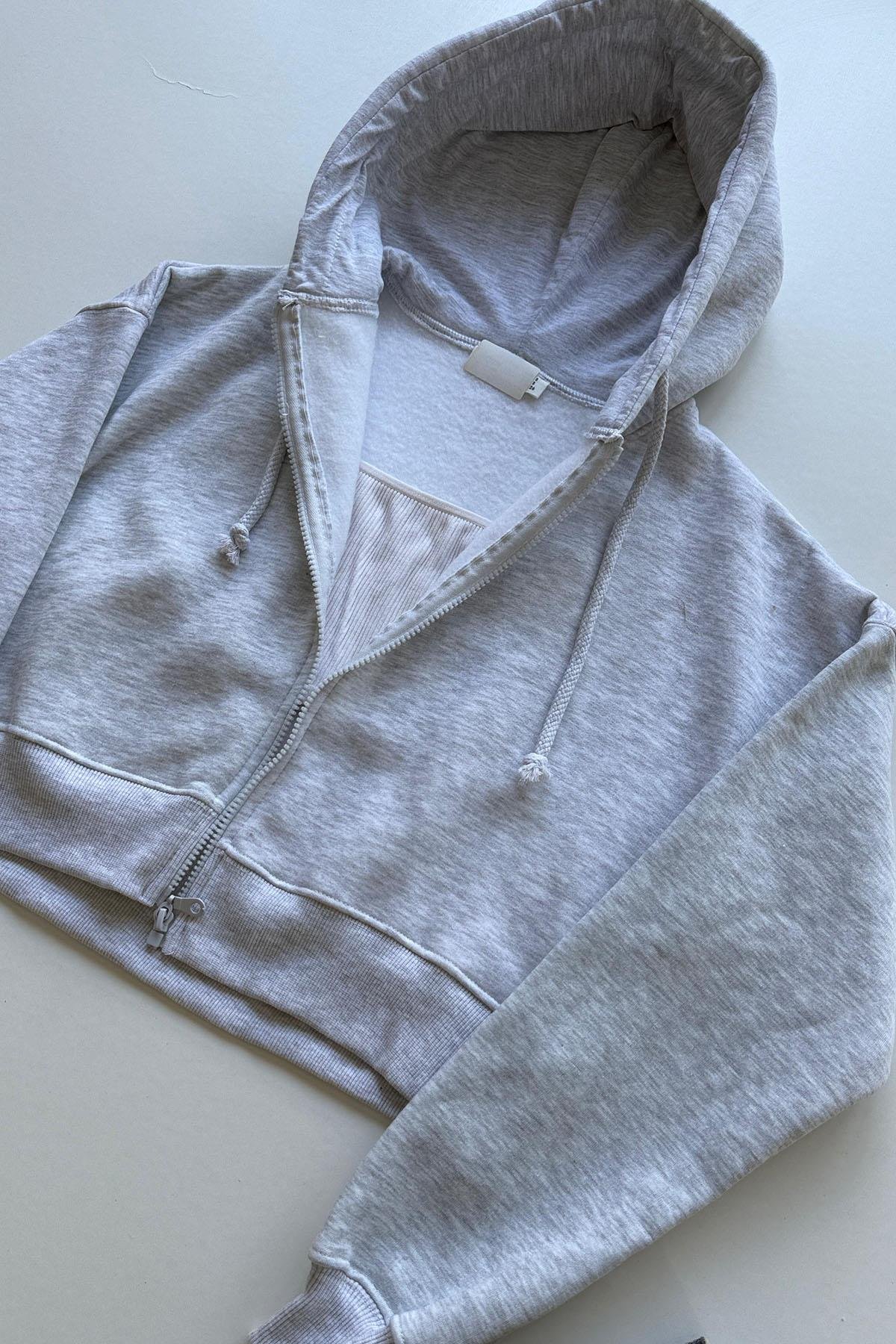 Kadın Kısa Fermuarlı Kapüşonlu Sweatshirt - GRİ