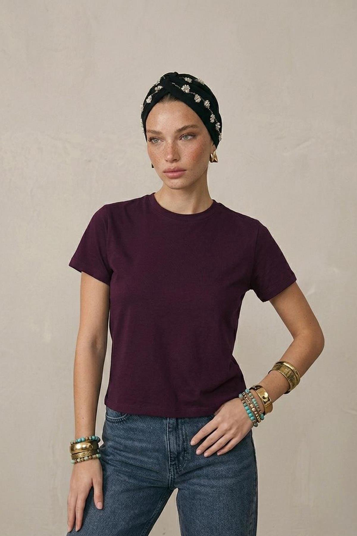 Kadın Kısa Kollu Crop Tshirt - BORDO