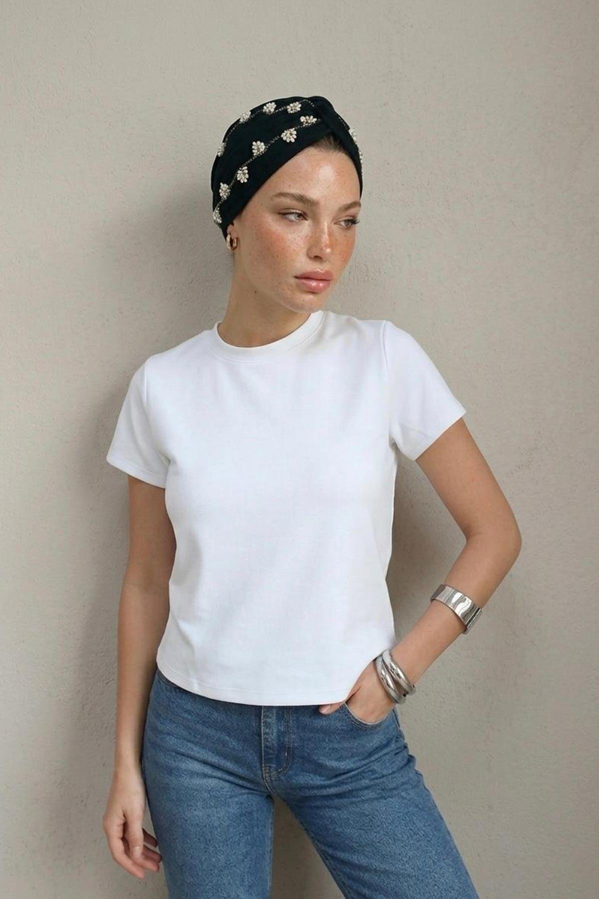 Kadın Kısa Kollu Crop Tshirt - EKRU