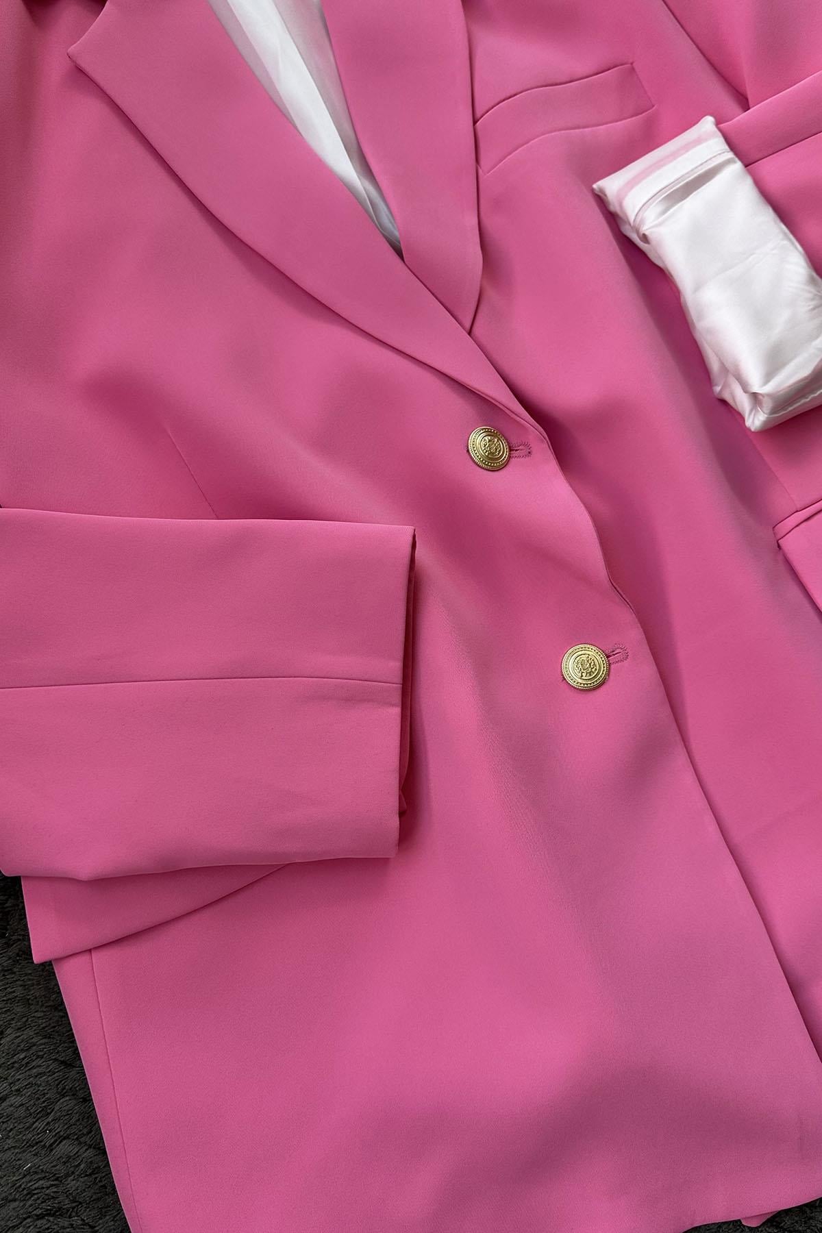 Kadın Kruvaze Ceket Palazzo Pantolon Takım - PEMBE