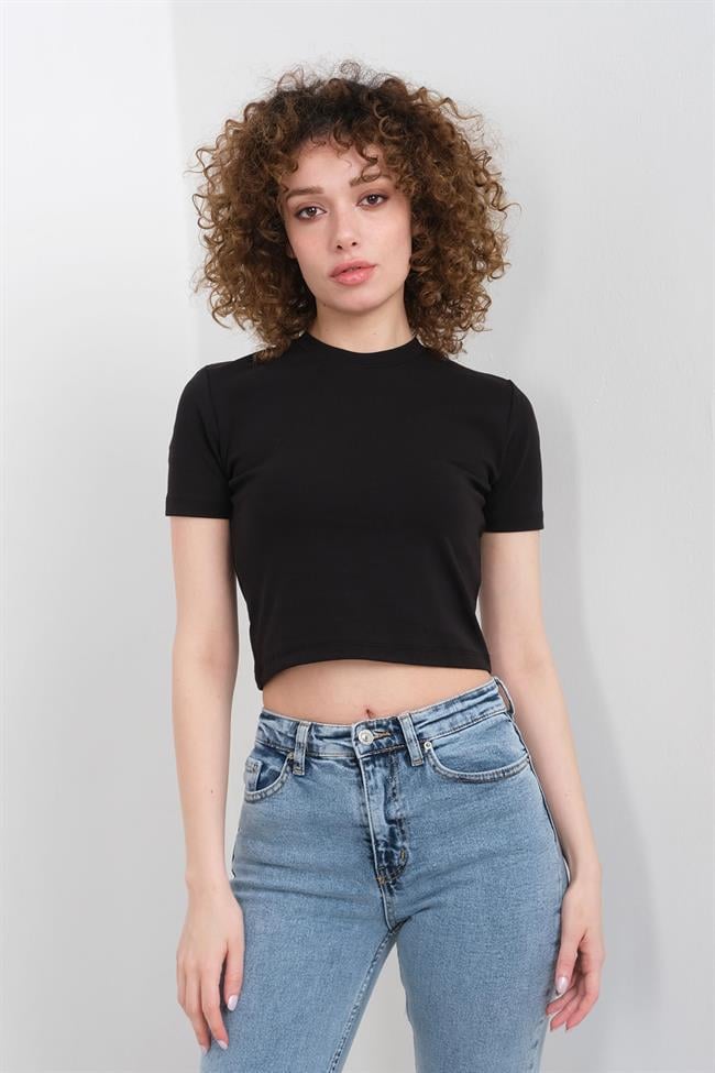 Kadın Likralı Ribana Basic Kısa Kollu Crop Tshirt - SİYAH