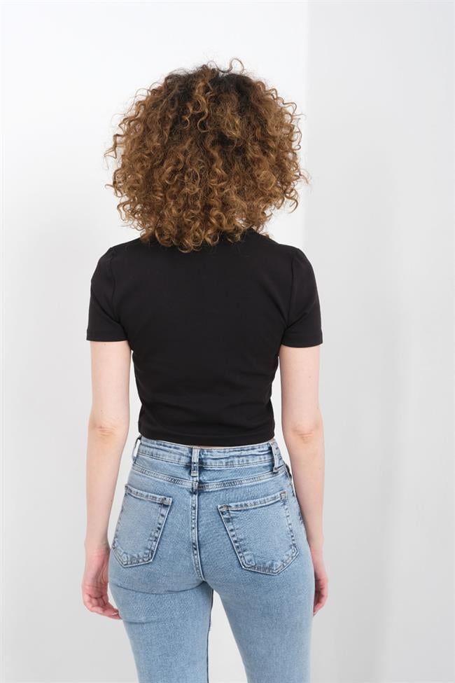 Kadın Likralı Ribana Basic Kısa Kollu Crop Tshirt - SİYAH