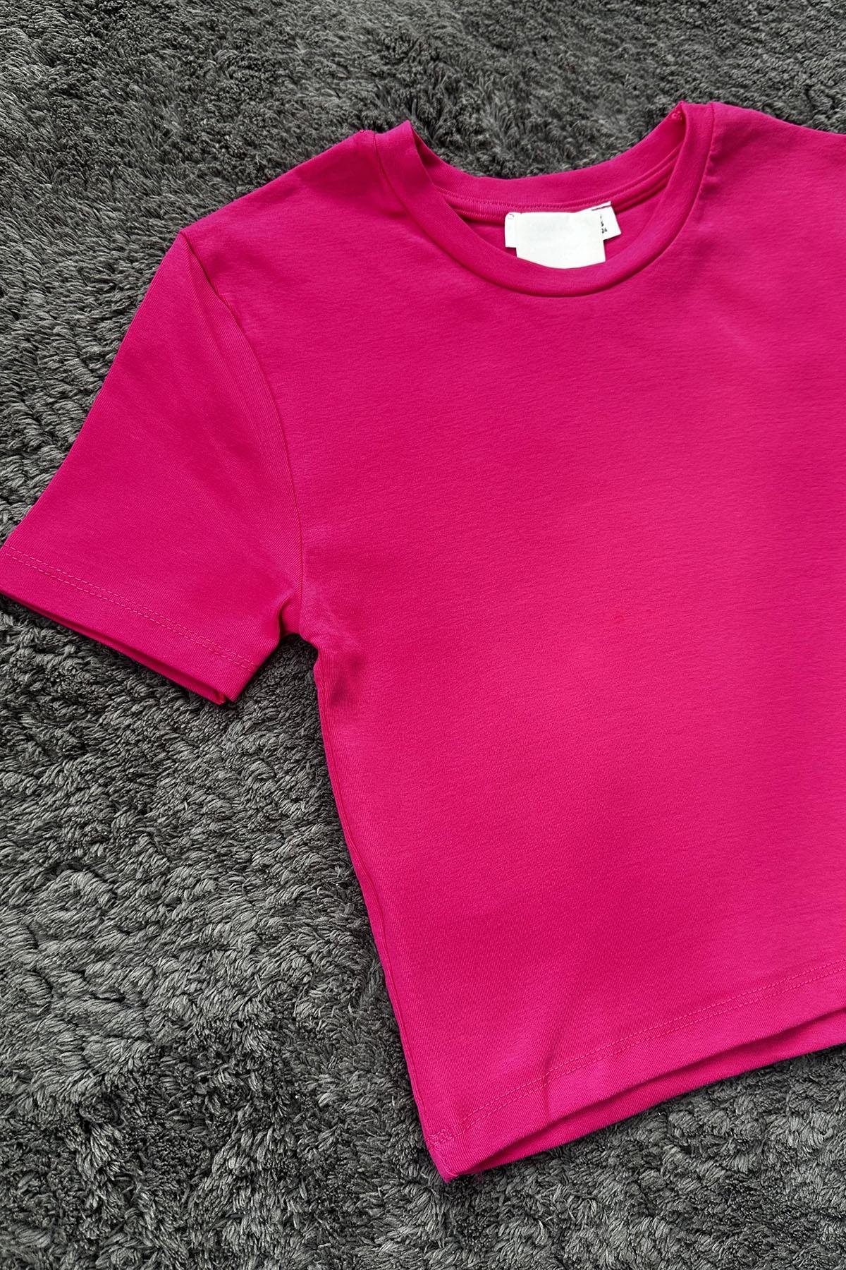 Kadın Likralı Ribana Basic Kısa Kollu Crop Tshirt - FUSYA
