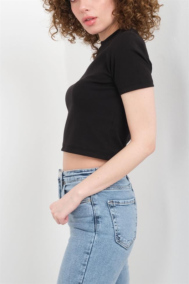 Kadın Likralı Ribana Basic Kısa Kollu Crop Tshirt - SİYAH