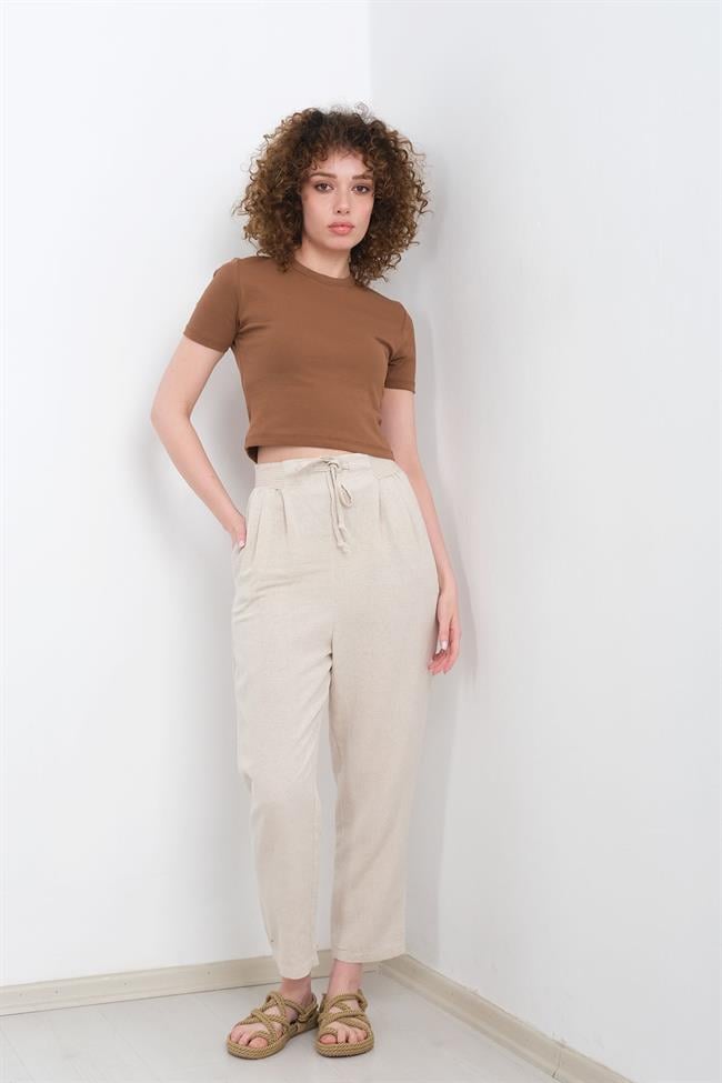 Kadın Likralı Ribana Basic Kısa Kollu Crop Tshirt - KAHVE