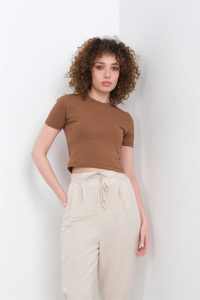 Kadın Likralı Ribana Basic Kısa Kollu Crop Tshirt - KAHVE