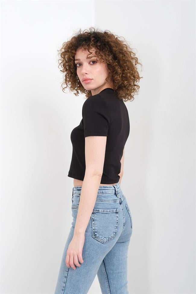 Kadın Likralı Ribana Basic Kısa Kollu Crop Tshirt - SİYAH