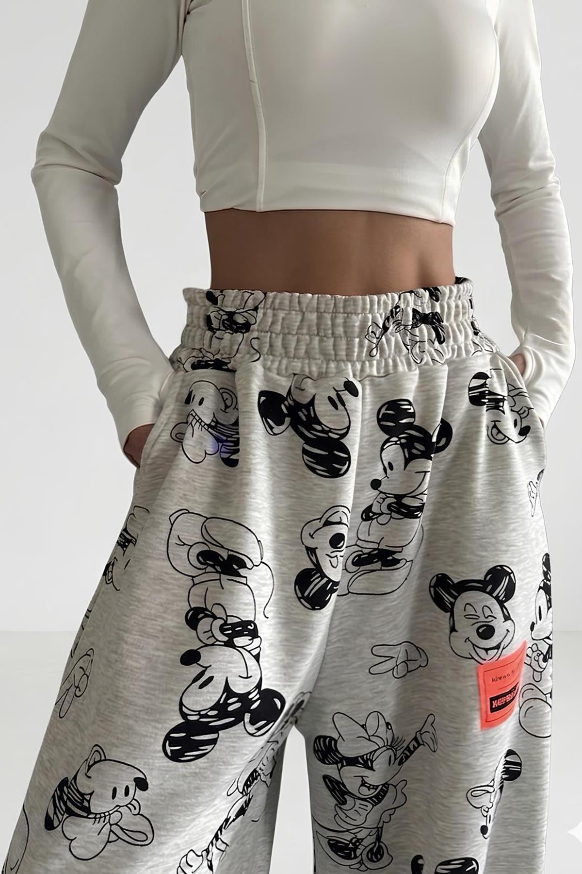 Kadın Mickey Mouse Baskılı Eşofman Altı - GRİ