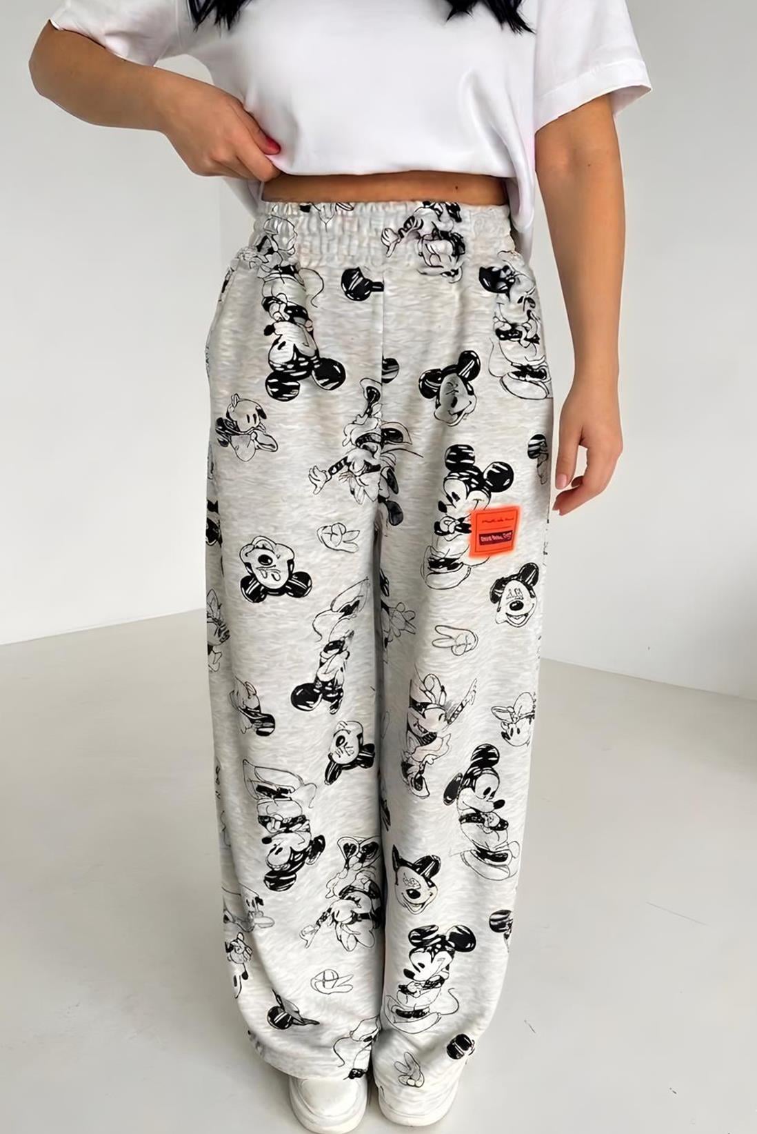 Kadın Mickey Mouse Baskılı Eşofman Altı - GRİ