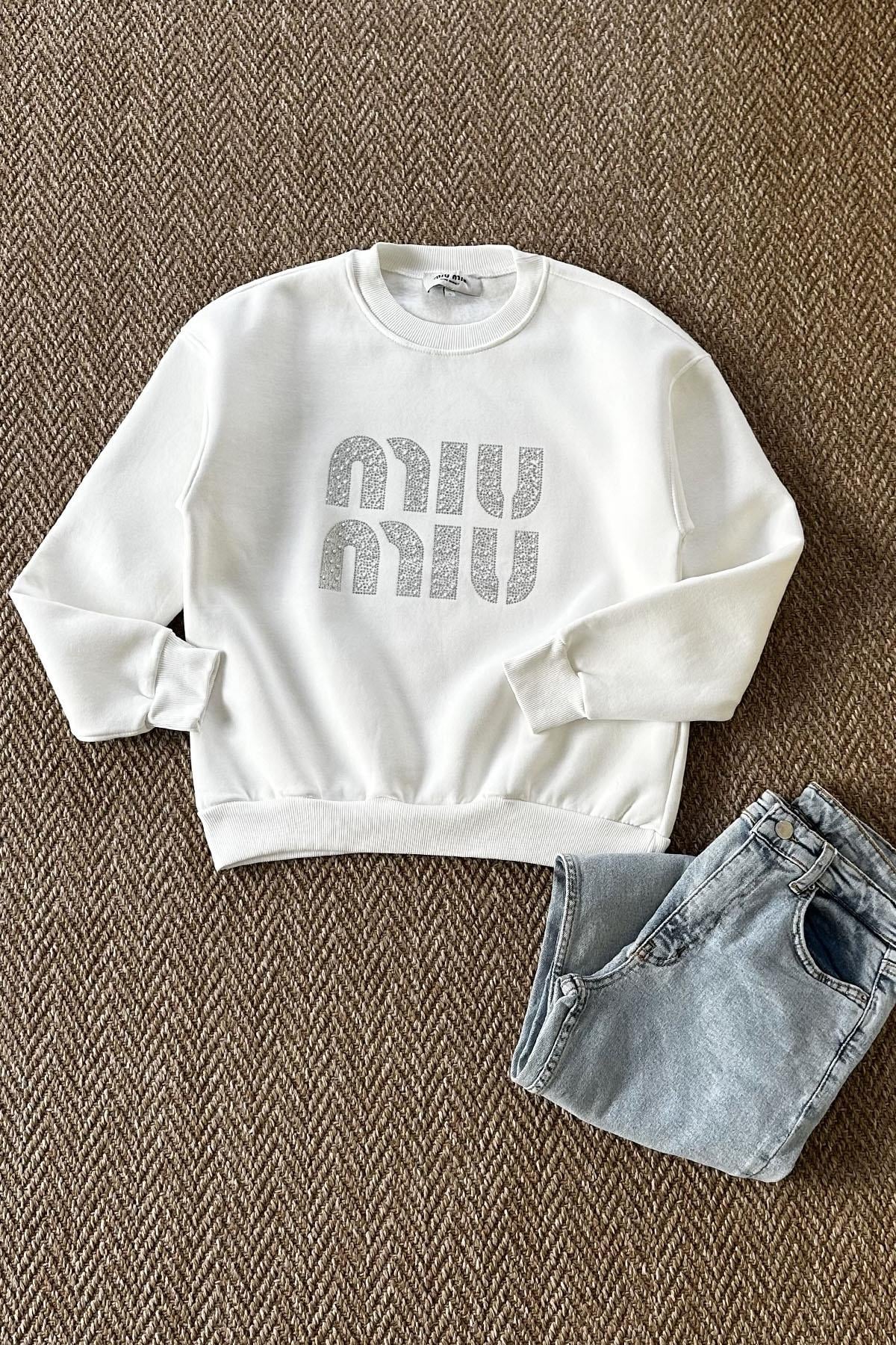 Kadın Mıu Mıu Taş Baskılı Sweatshirt - BEYAZ