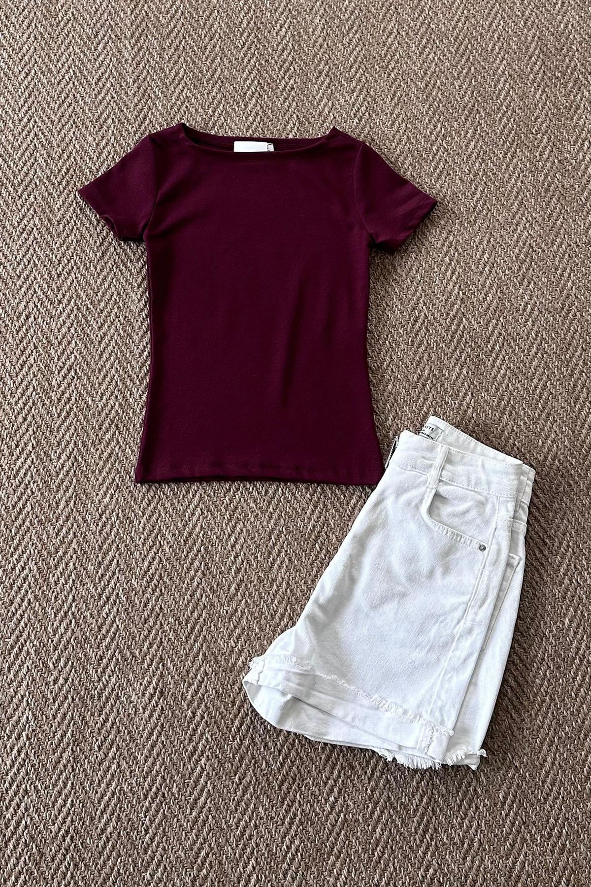 Kadın Modal Kayık Yaka Crop Tshirt - BORDO