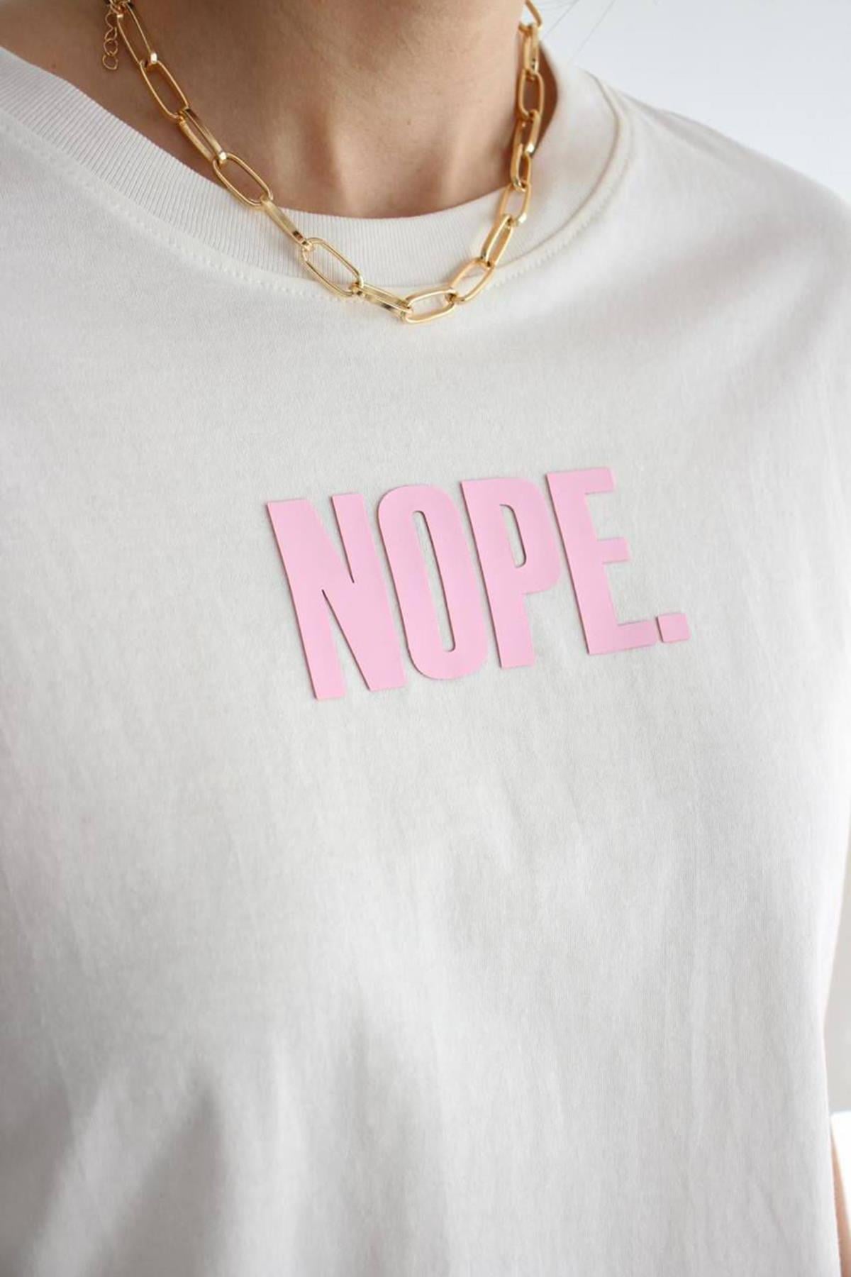 Kadın Nope Yazı Baskılı Tshirt - EKRU