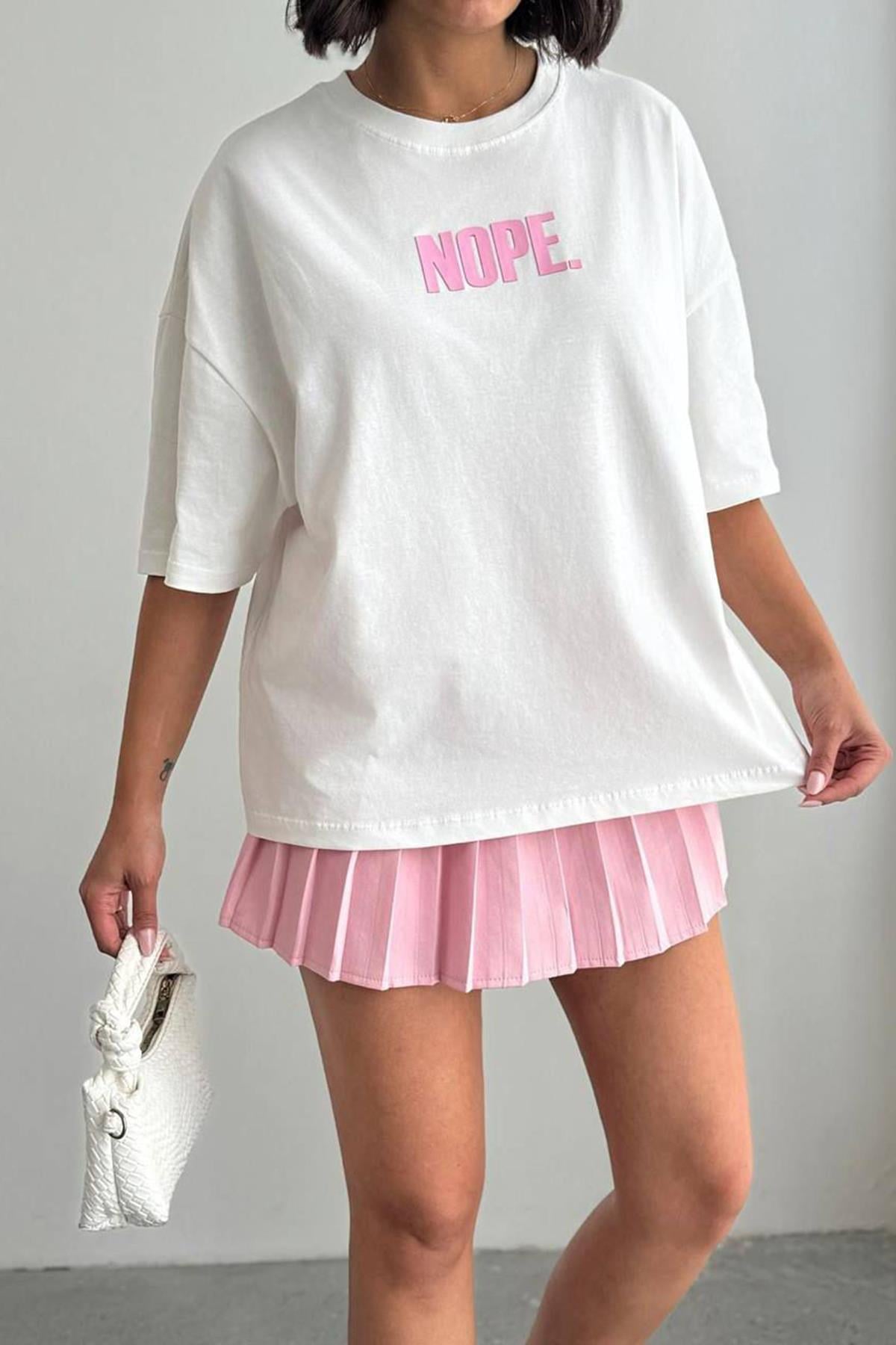 Kadın Nope Yazı Baskılı Tshirt - EKRU