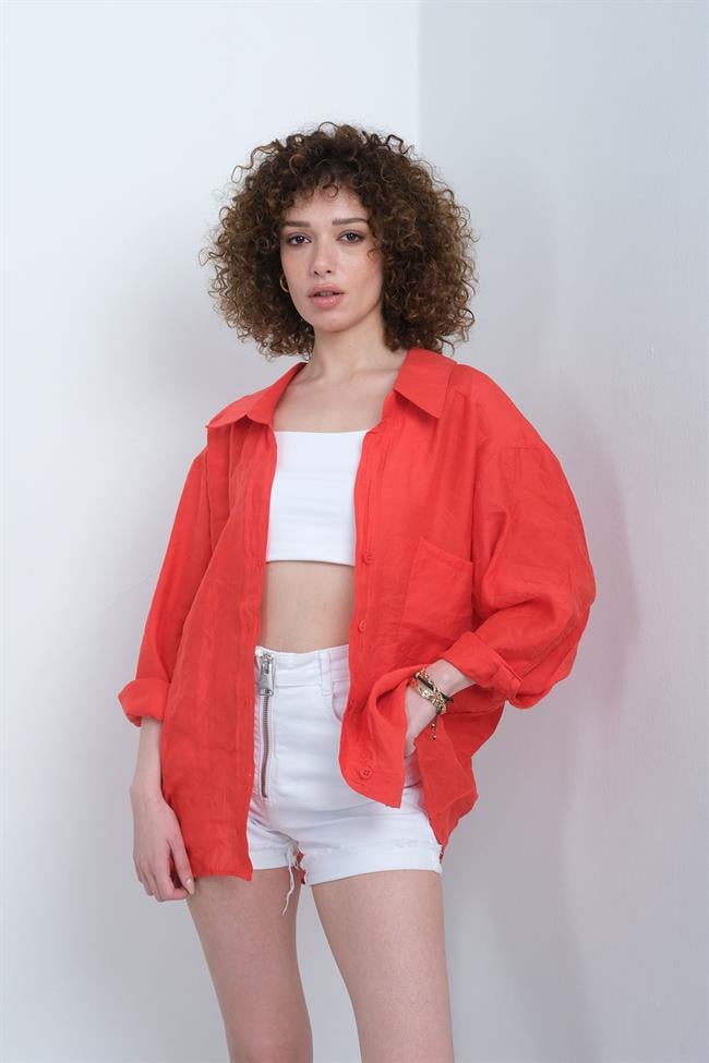 Kadın Omzu Düşük Oversize İnce Kumaş Gömlek - KIRMIZI