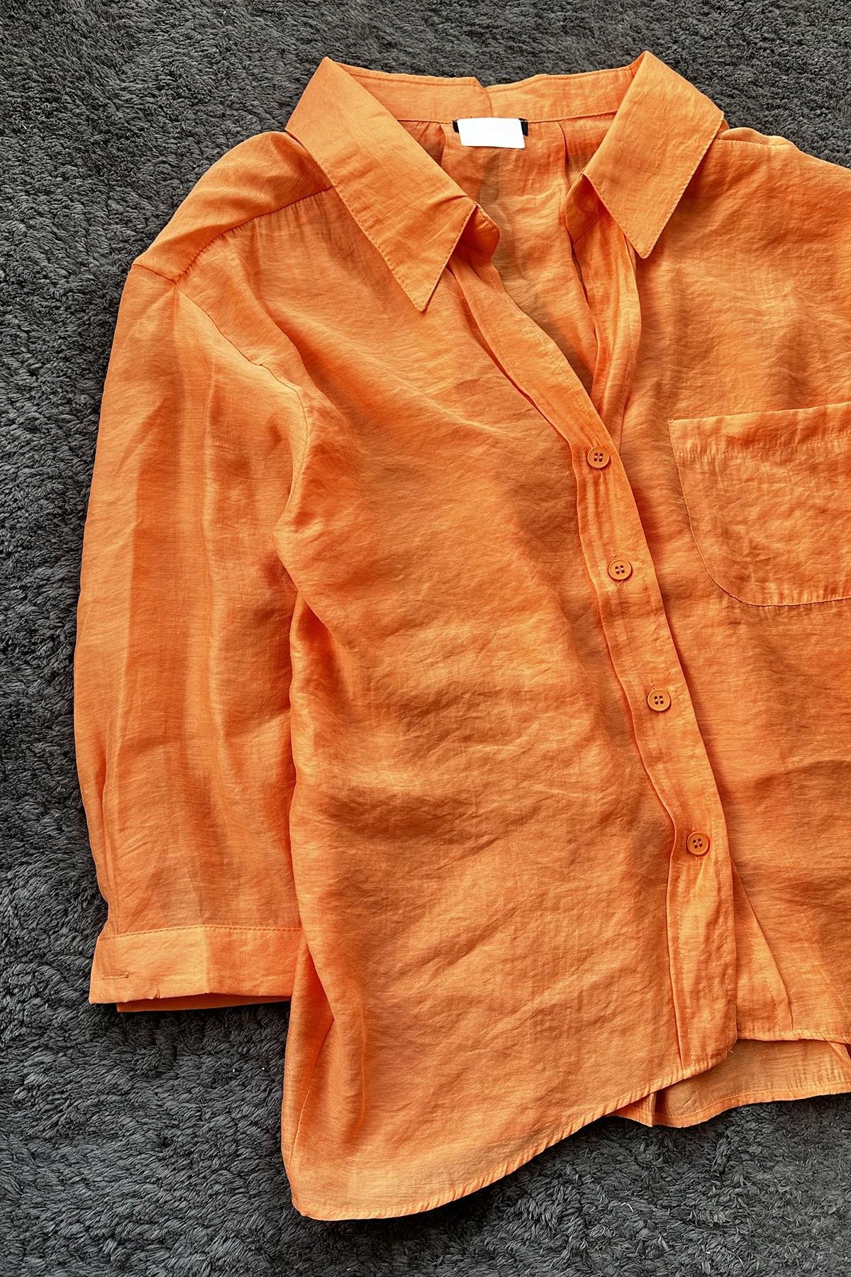 Kadın Omzu Düşük Oversize İnce Kumaş Gömlek - ORANJ