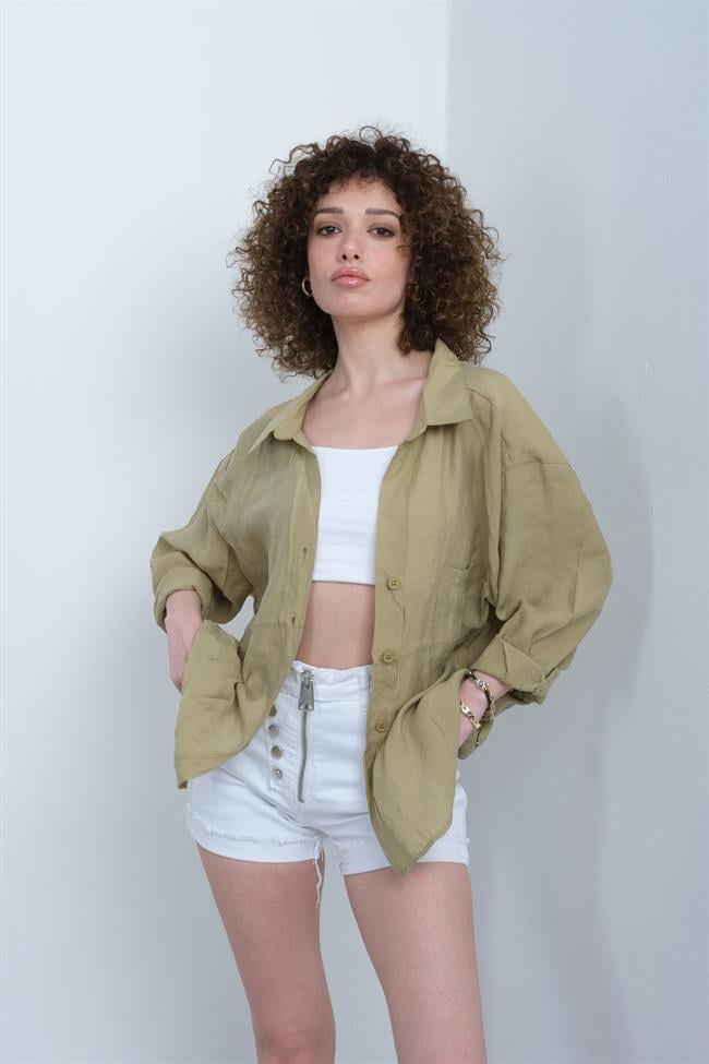 Kadın Omzu Düşük Oversize İnce Kumaş Gömlek - OLİVE