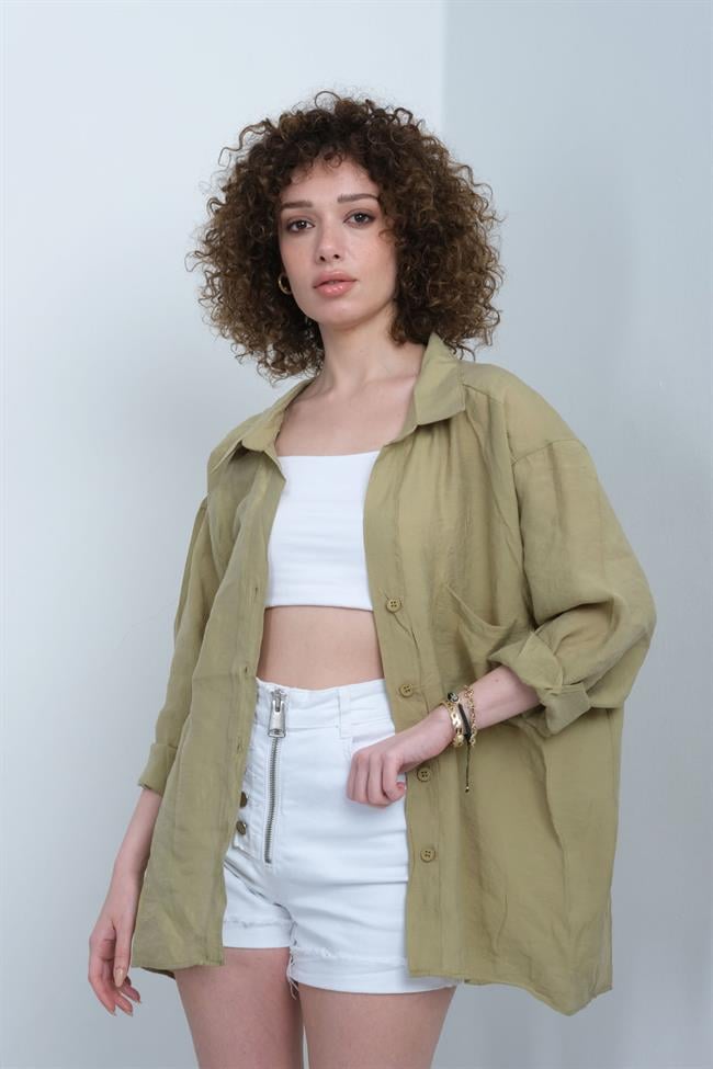 Kadın Omzu Düşük Oversize İnce Kumaş Gömlek - OLİVE