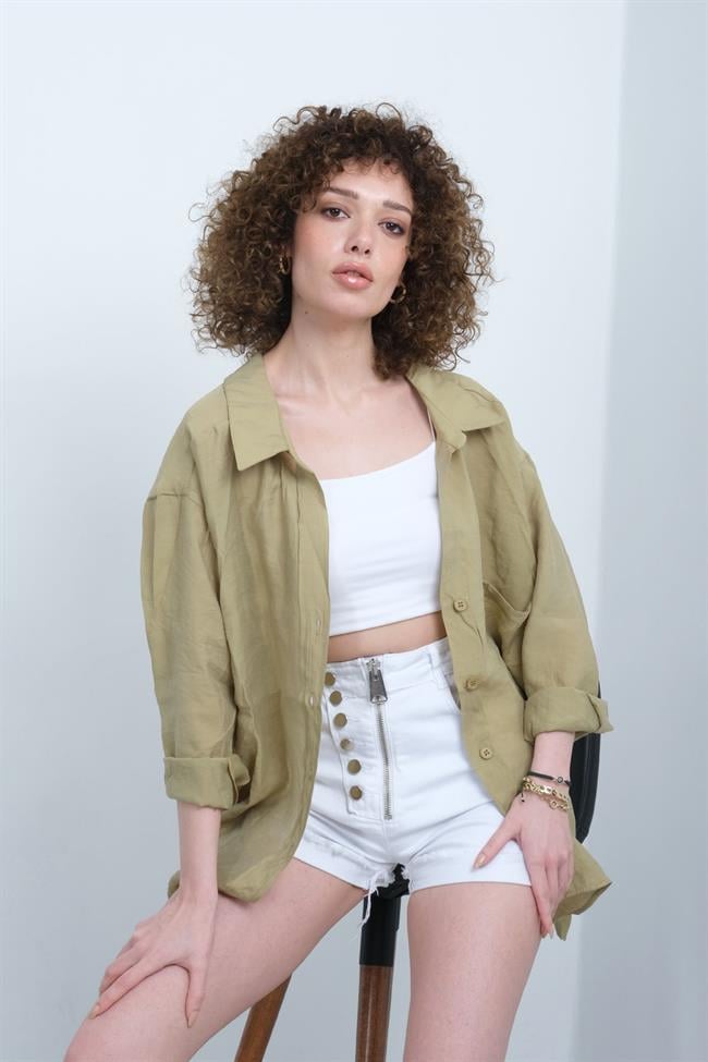 Kadın Omzu Düşük Oversize İnce Kumaş Gömlek - OLİVE