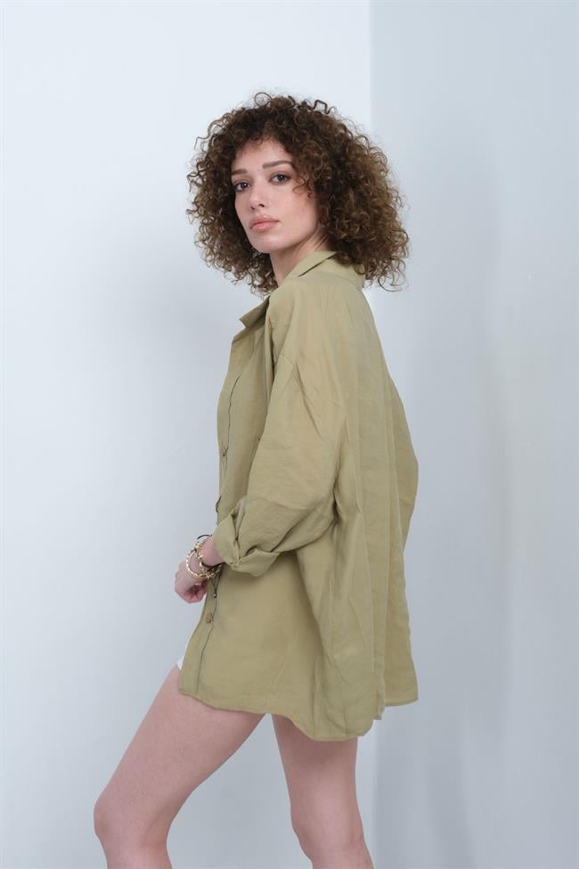 Kadın Omzu Düşük Oversize İnce Kumaş Gömlek - OLİVE