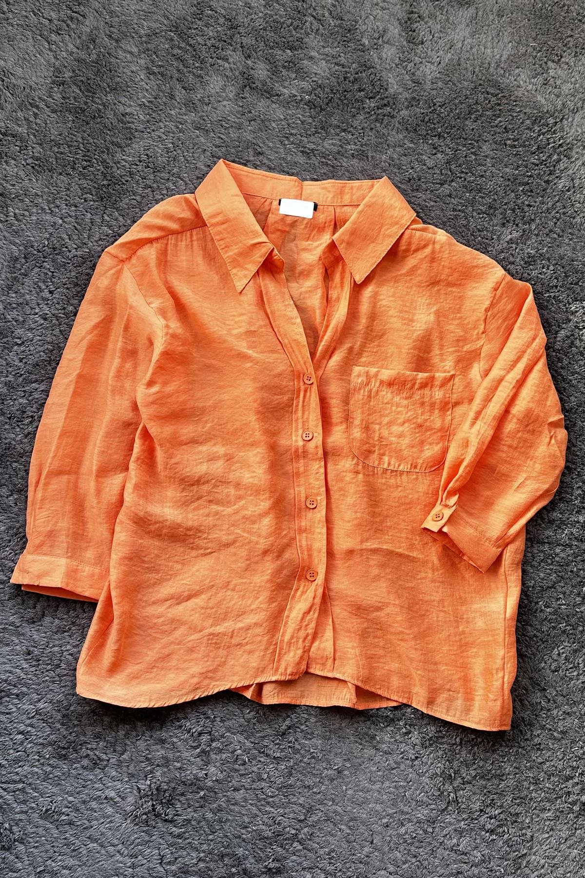 Kadın Omzu Düşük Oversize İnce Kumaş Gömlek - ORANJ