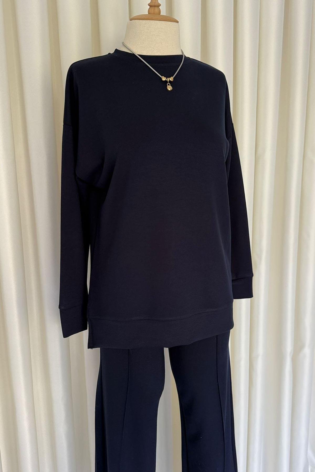 Kadın Oysho Yanı Mini Yırtmaçlı Uzun Sweatshirt Biyeli Eşofman Takım - LACİVERT
