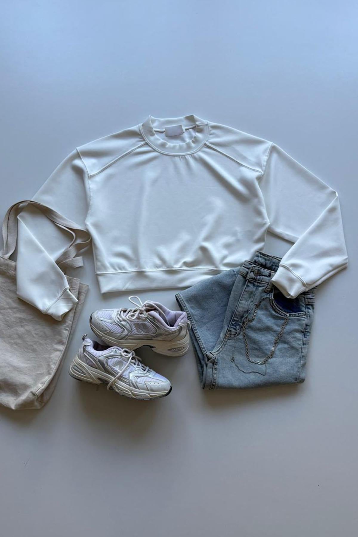 Kadın Parçalı Basic Sweat - BEYAZ