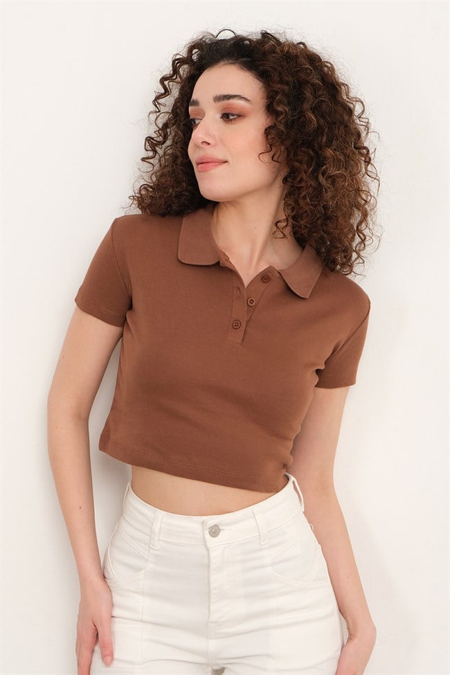 Kadın Polo Yaka Düğmeli Crop