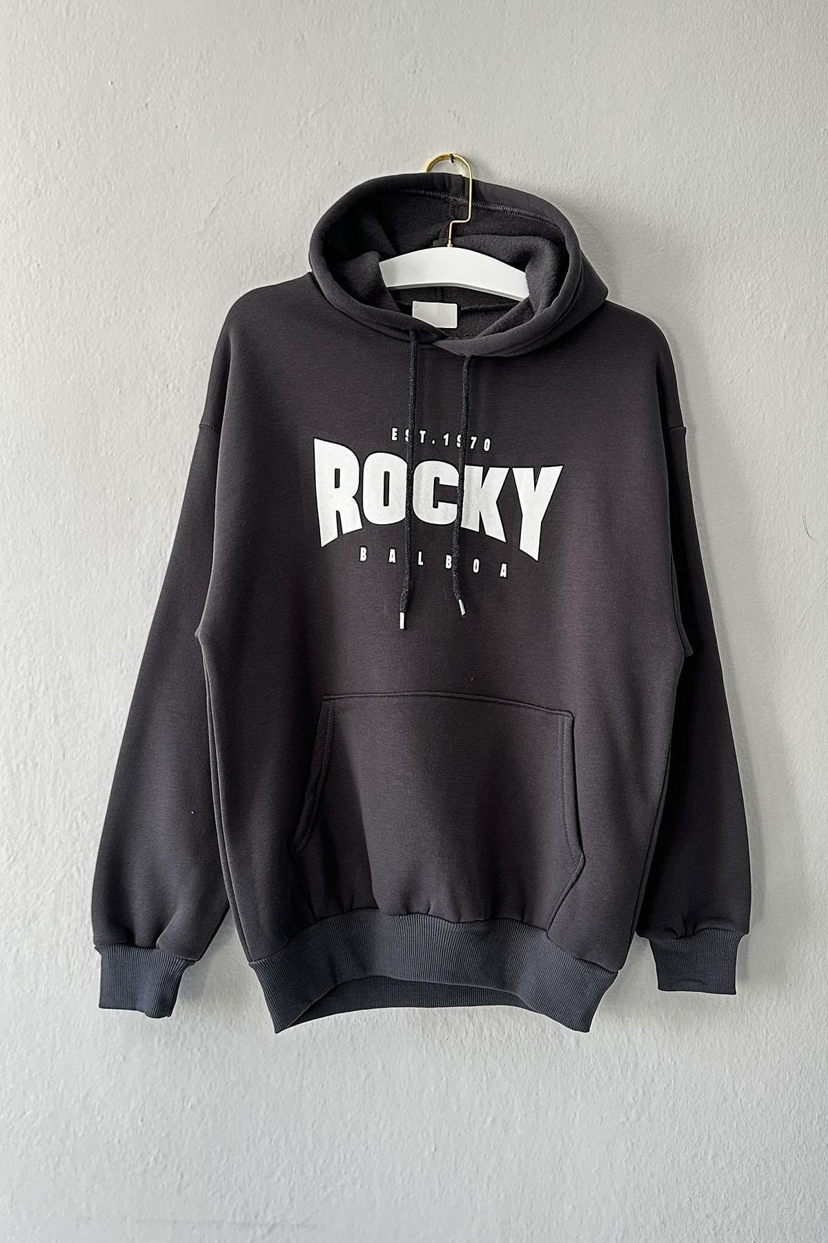Kadın Rocky Baskılı Kapüşonlu Sweatshirt - ANTRESİT
