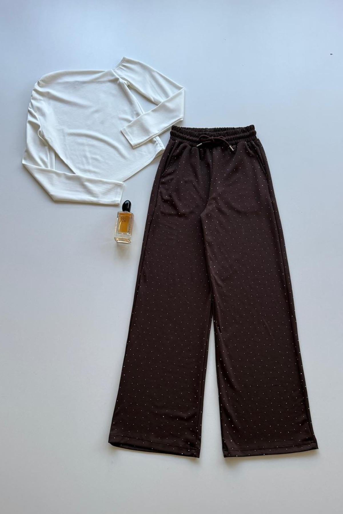 Kadın Taşlı Beli Lastikli Pantolon - KAHVE