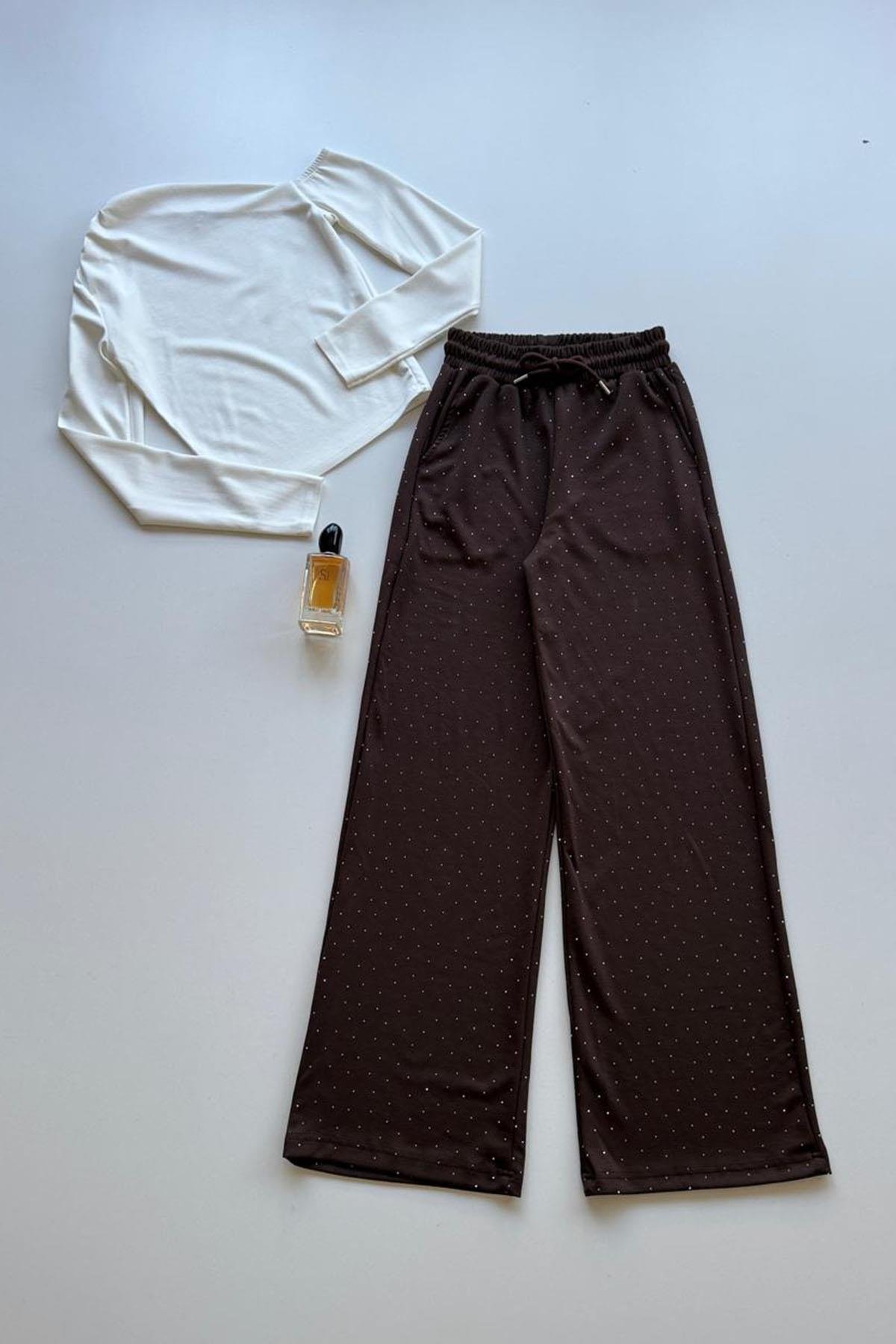 Kadın Taşlı Beli Lastikli Pantolon - KAHVE
