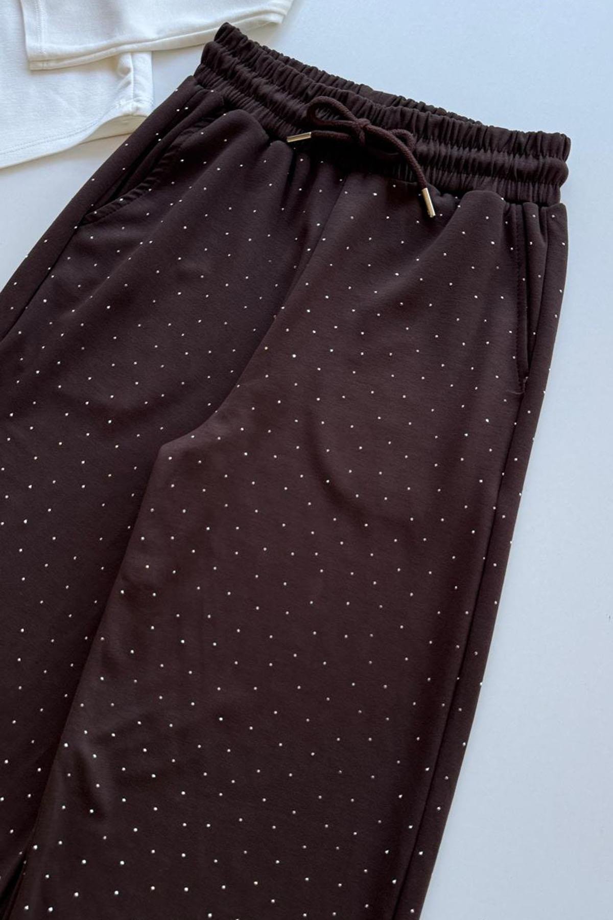Kadın Taşlı Beli Lastikli Pantolon - KAHVE