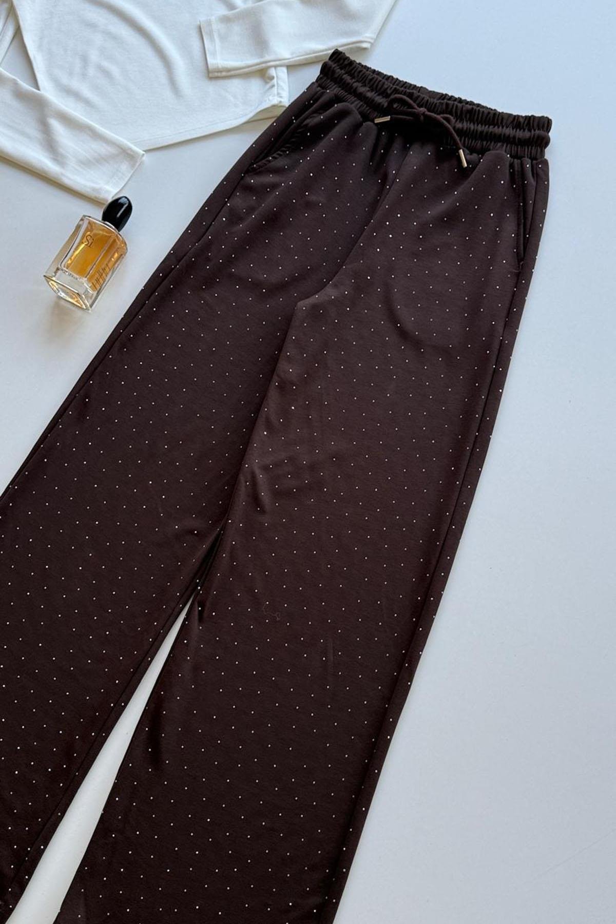 Kadın Taşlı Beli Lastikli Pantolon - KAHVE