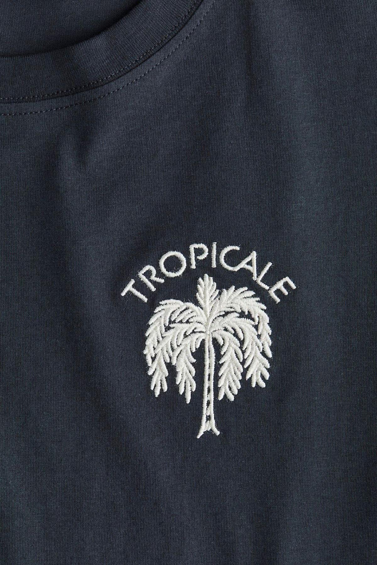Kadın Tropicale Palmiye Yazı Nakışlı Tshirt - ANTRESİT