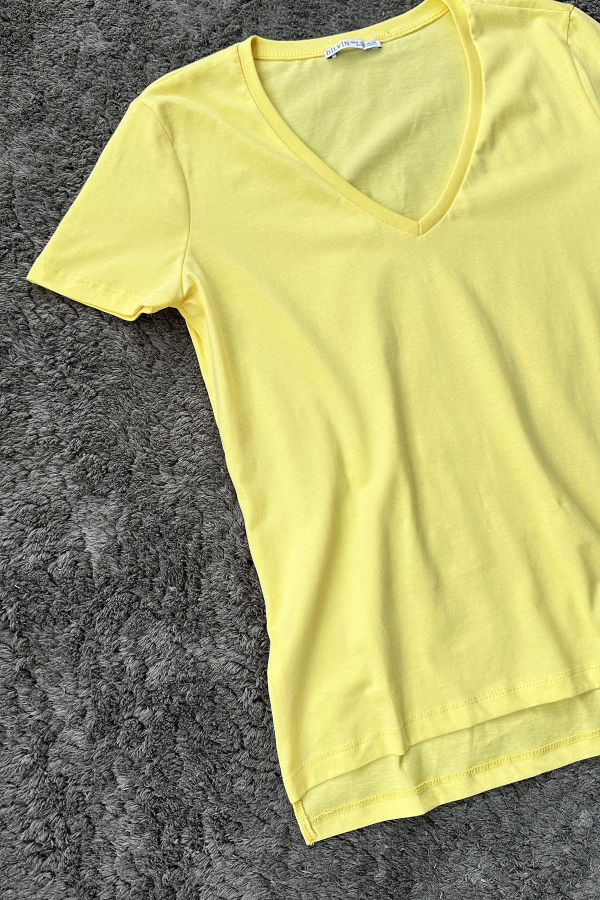 Kadın V Yaka Basic Tshirt - SARI