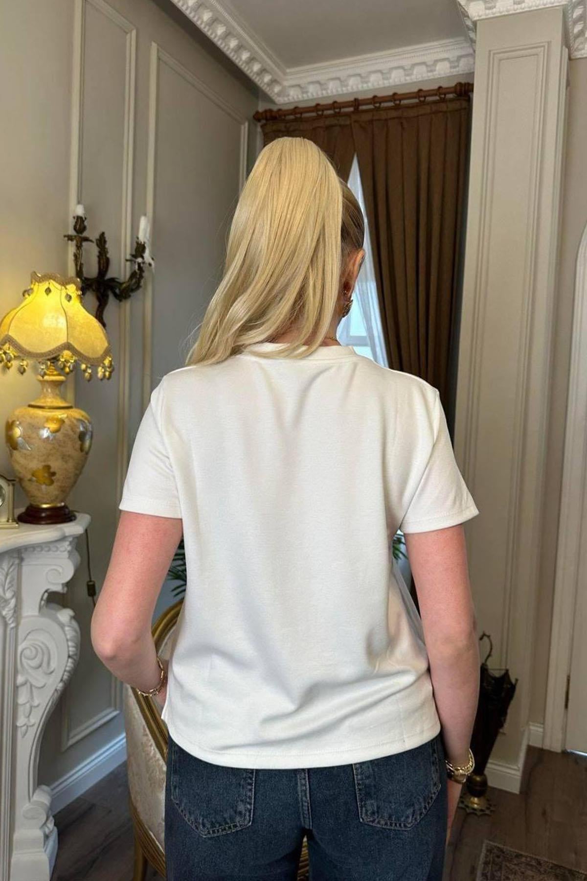 Kadın Yanları Yırtmaçlı Basic Tshirt - EKRU