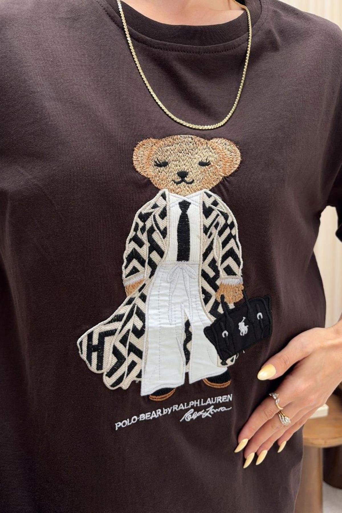 Kayon Teddy Ayıcık Nakışkı Tshirt - KAHVE