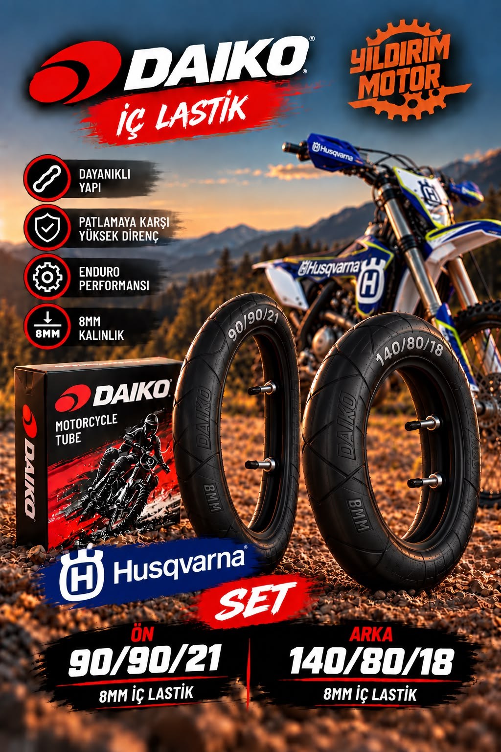 HUSQVARNA TE/FE DAIKO 90/90-21 140/80-18 8MM ÖN ARKA MOUSSE