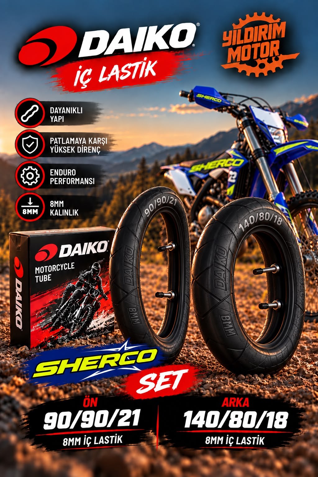 SHERCO SE/SE-F DAIKO 90/90-21 140/80-18 8MM ÖN ARKA MOUSSE