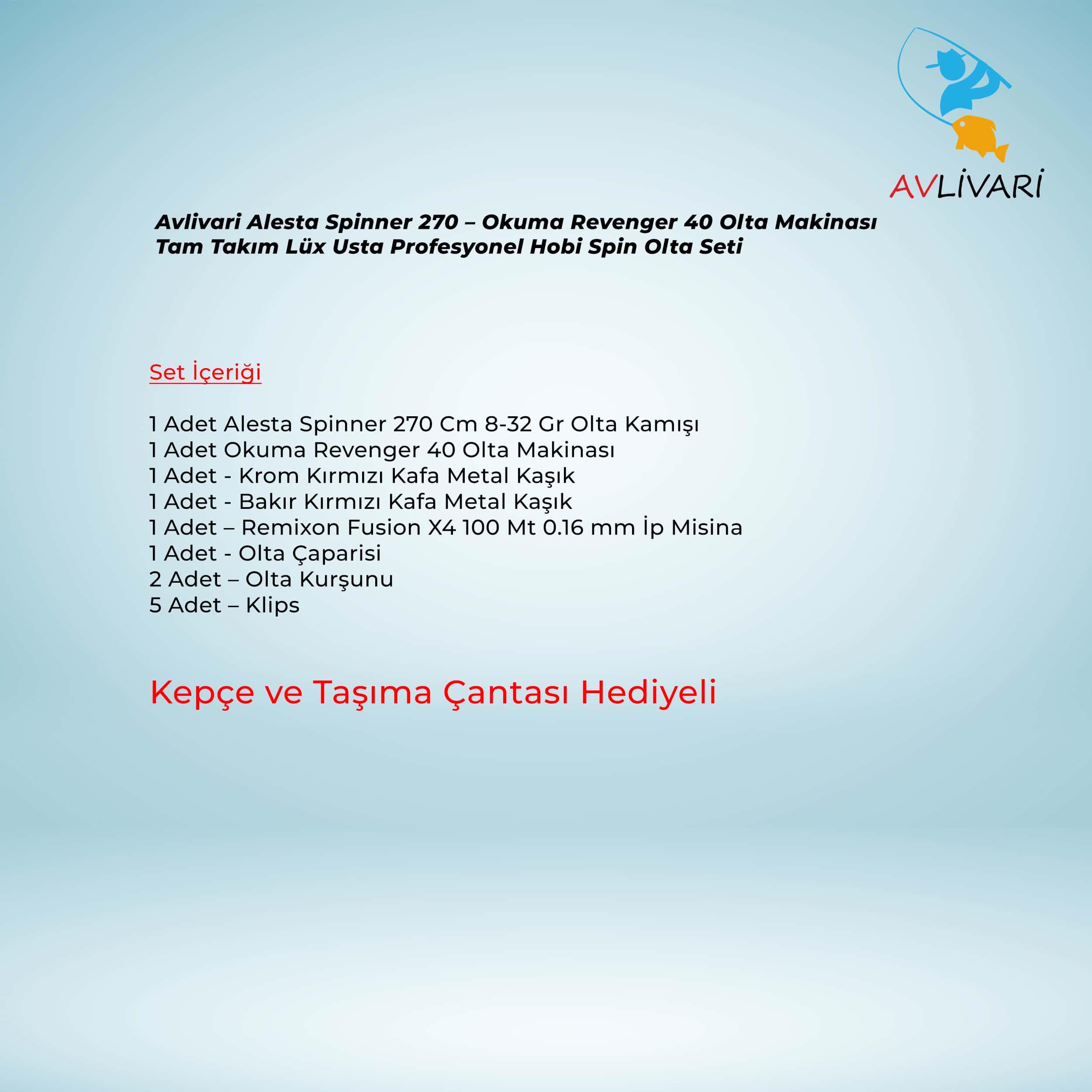 Avlivari Alesta Spinner 270 – Okuma Revenger 40 Olta Makinası Tam Takım Lüx Usta Profesyonel Hobi Spin Olta Seti