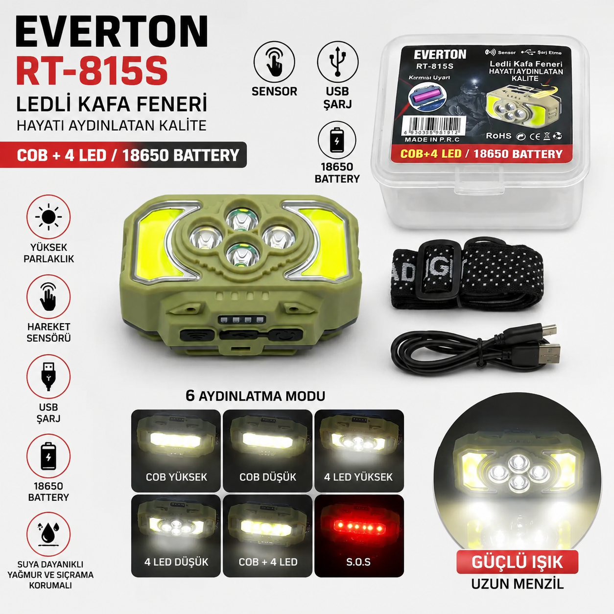 Everton RT-815S Şarjlı LED Kafa Feneri Sensörlü COB + 4 LED