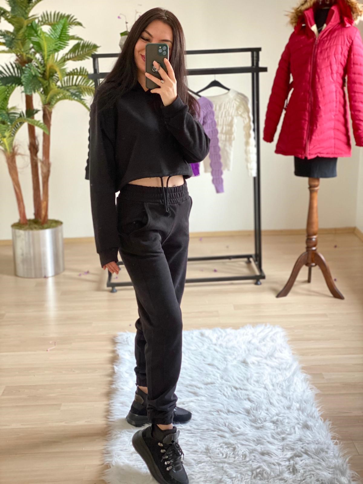 3 İplik Polar Sweat Siyah Pembe Eşofman Takımı