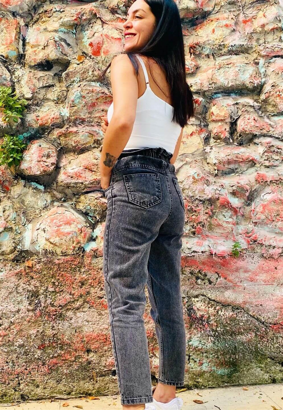 Antrasit Beli Lastikli Mom Jean