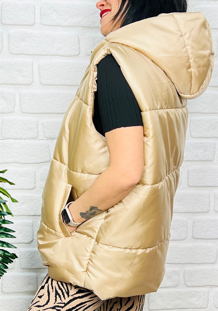 Bej Kapüşonlu Cepli Oversize Şişme Yelek