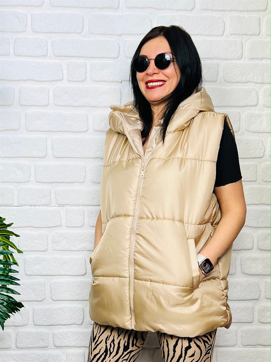 Bej Kapüşonlu Cepli Oversize Şişme Yelek