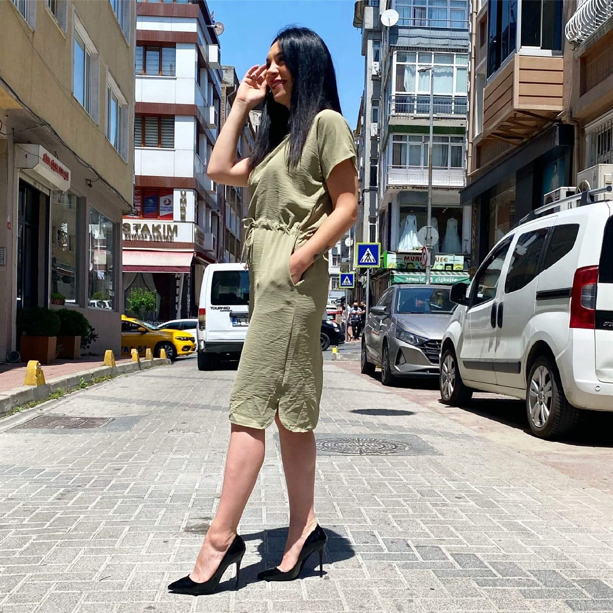 Bel Ayarlanabilir Ayrobin Kumaş Haki Elbise