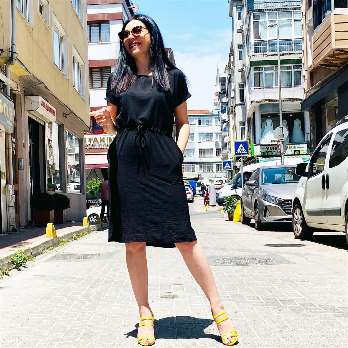 Bel Ayarlanabilir Ayrobin Kumaş Siyah Elbise