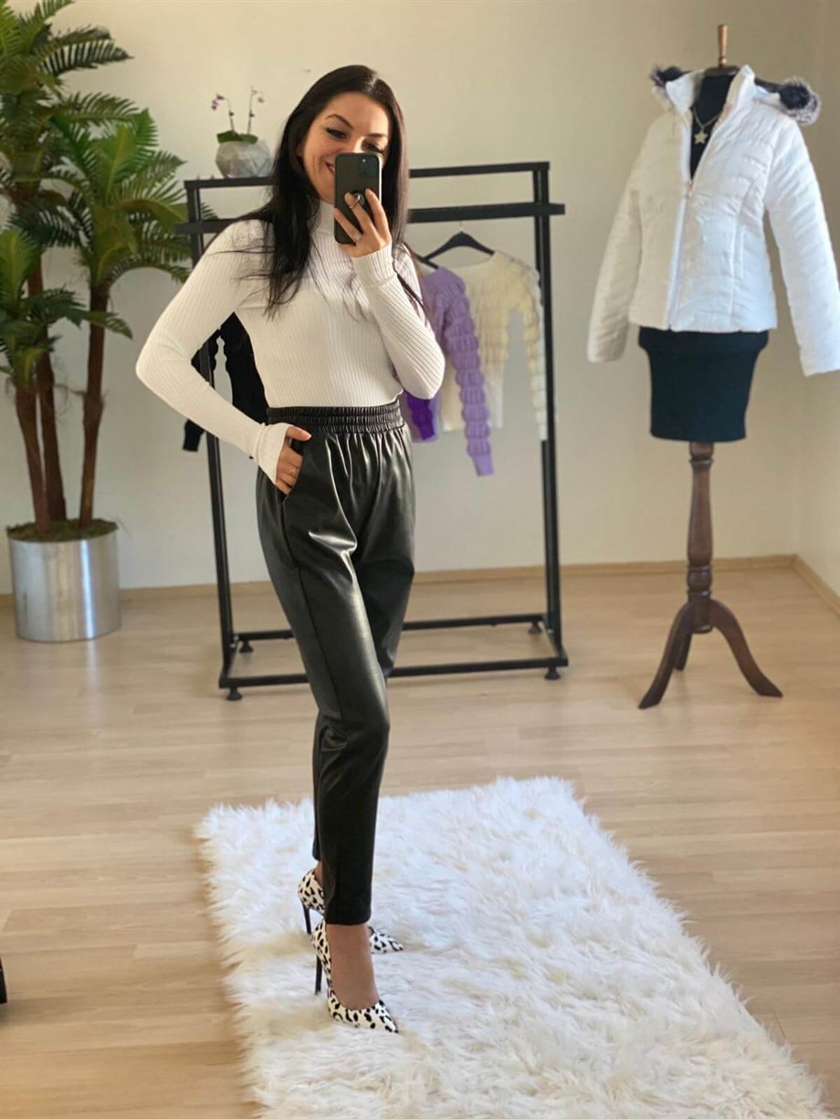 Beli Lastikli Cepli Havuç Model Suni Deri Pantolon