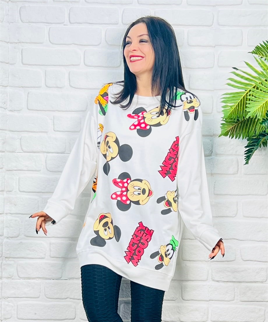 Beyaz Bisiklet Yaka Mickey Mouse Baskılı Sweatshirt 