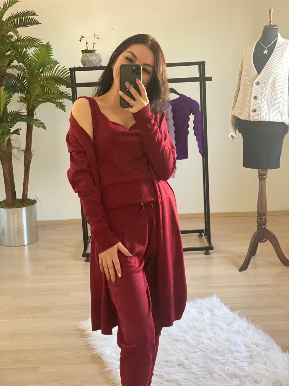 Bordo Renkli Desenli 3lü Triko Takım